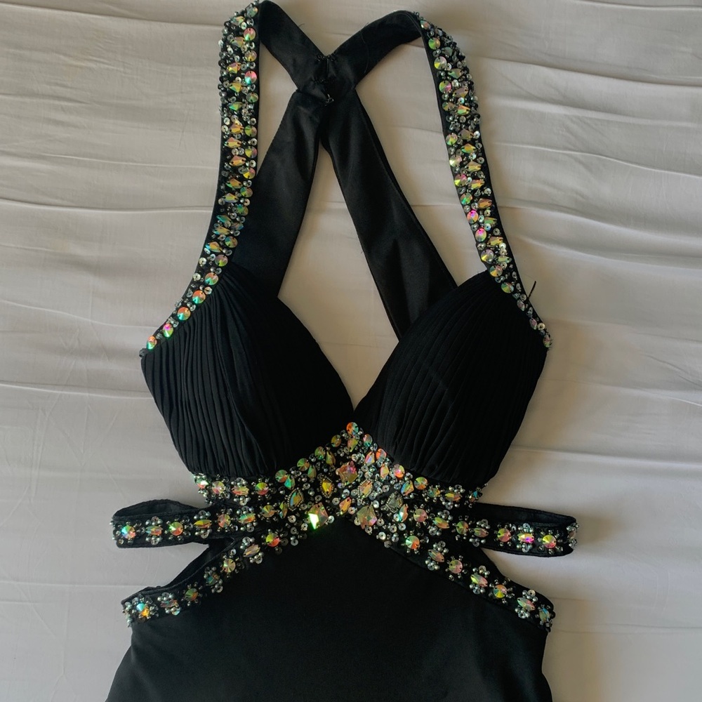 Prom Dress, black with a mesh skirt and sequined straps/belt
